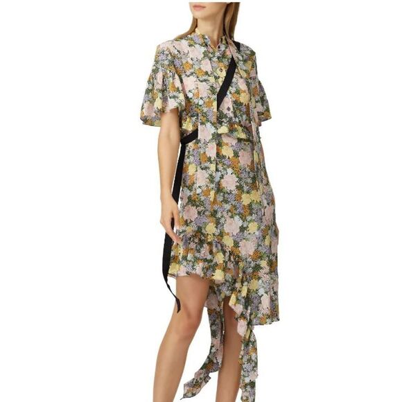 Rokh Silk Split Floral Frill Dress Ruffle Strap Pink Yellow Blue Women's Size 2- - Picture 1 of 16